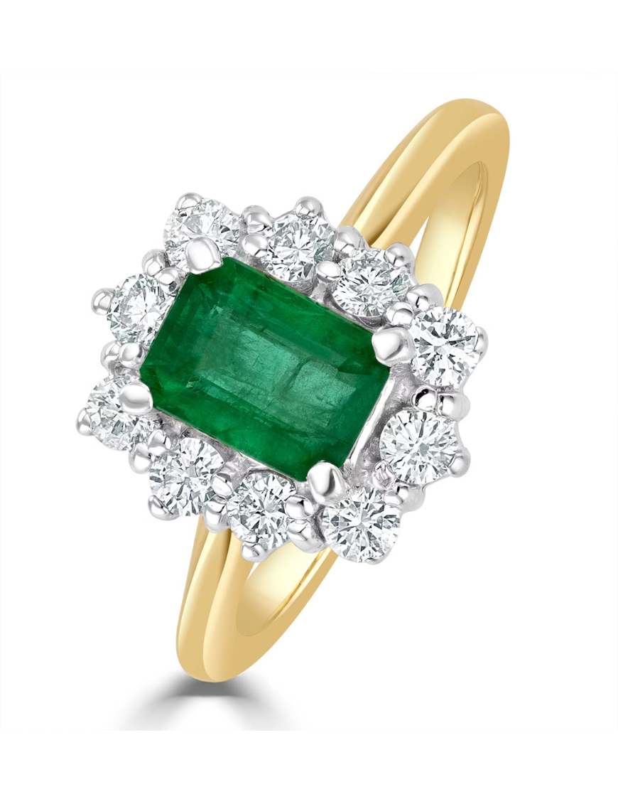 1.00ct Octagon Cut Emerald and Lab Diamond Halo Ring in 9K Yellow Gold