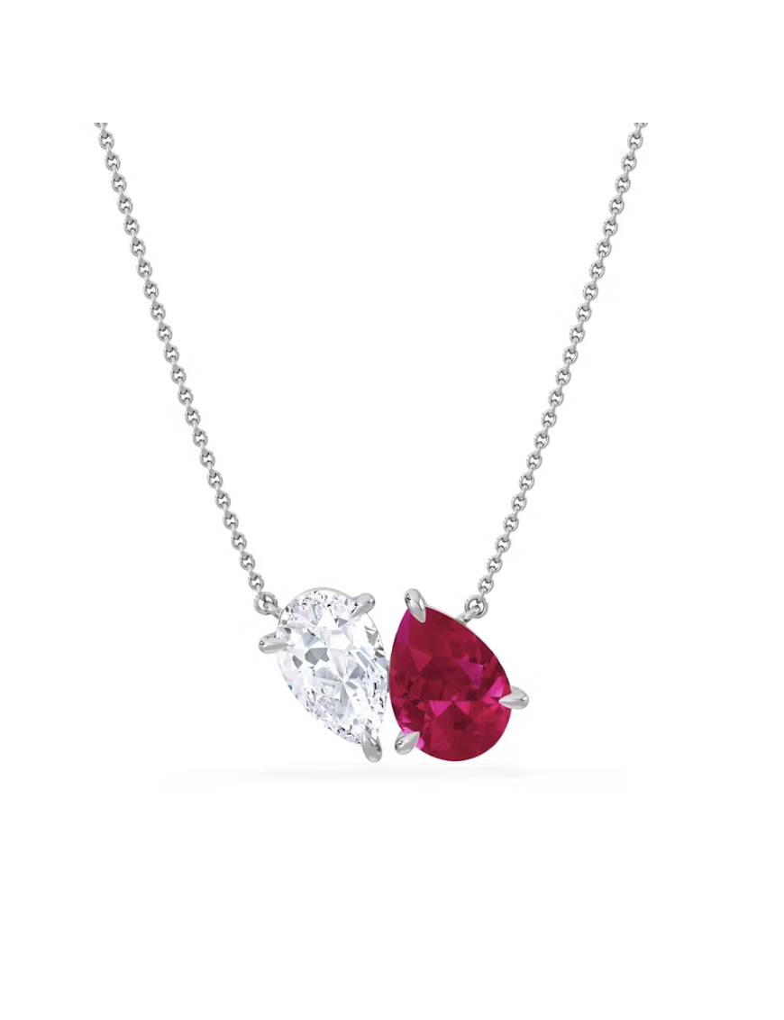 Toi Et Moi 1.50ct Pear Lab Diamond and 2.50ct Pear Lab Ruby Necklace in 18K White Gold